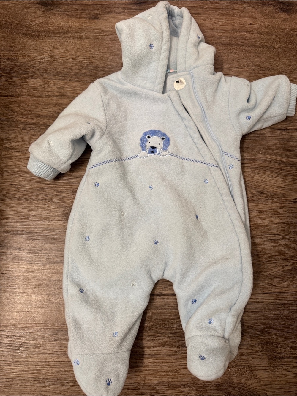 Cozy Light Blue Hooded Baby One-Piece with Bear Embroidery